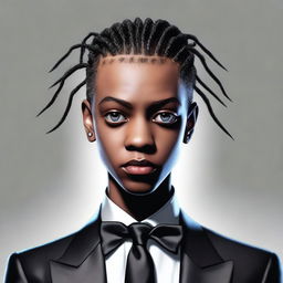 A hyper-realistic rendering of a tall, lightskinned black teenage boy with cornrows and pitch-black scary eyes