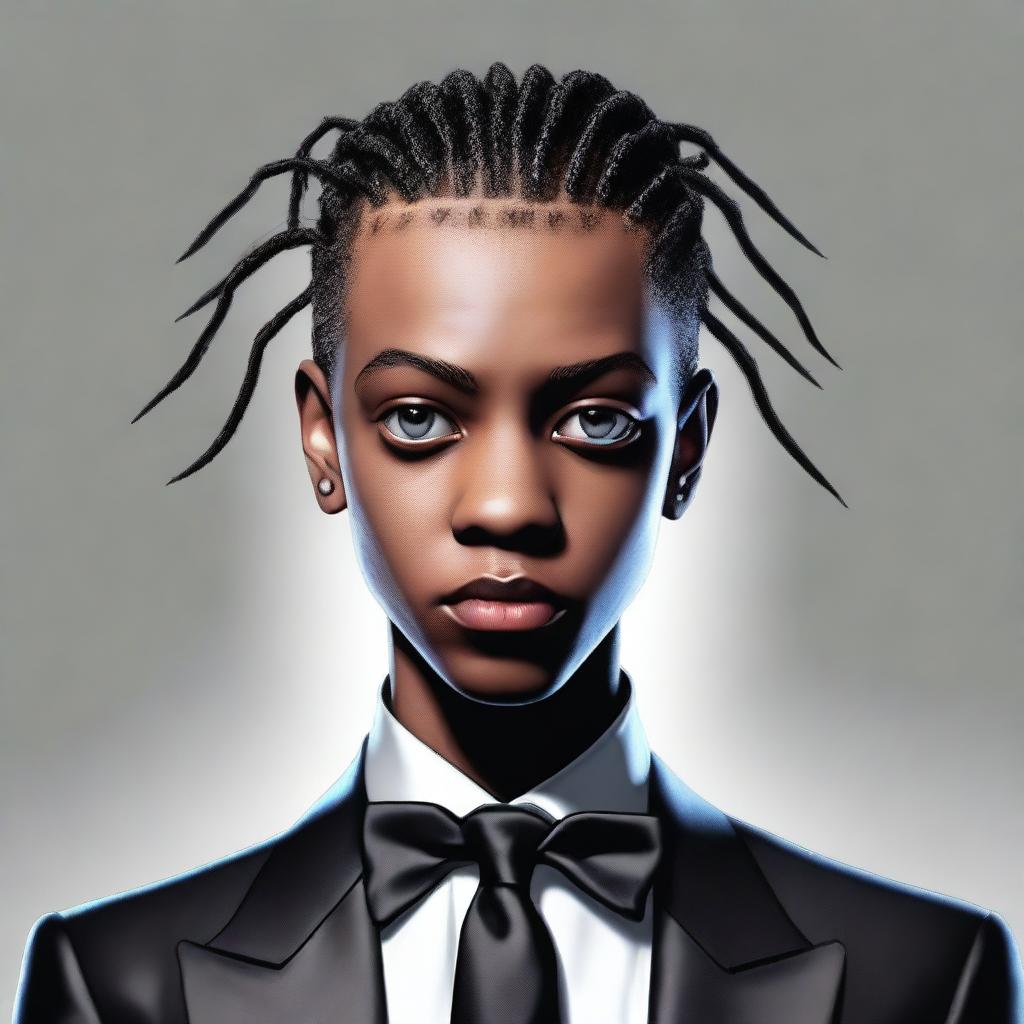 A hyper-realistic rendering of a tall, lightskinned black teenage boy with cornrows and pitch-black scary eyes