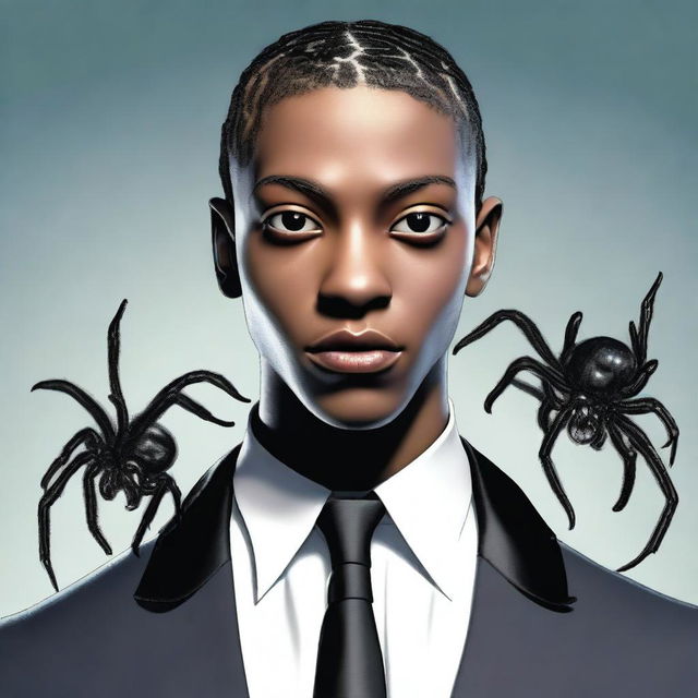 A hyper-realistic rendering of a tall, lightskinned black teenage boy with cornrows and pitch-black scary eyes