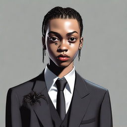 A hyper-realistic rendering of a tall, lightskinned black teenage boy with cornrows and pitch-black scary eyes