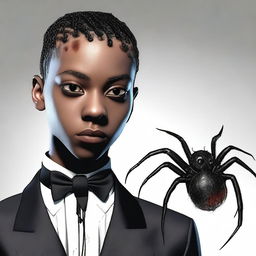 A hyper-realistic rendering of a tall, lightskinned black teenage boy with cornrows and pitch-black scary eyes