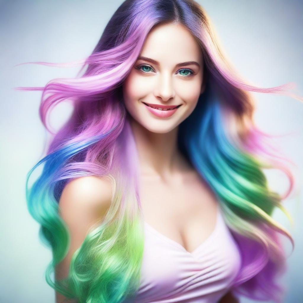 A woman with bright green eyes, long wavy hair with pastel pink, blue, and purple streaks