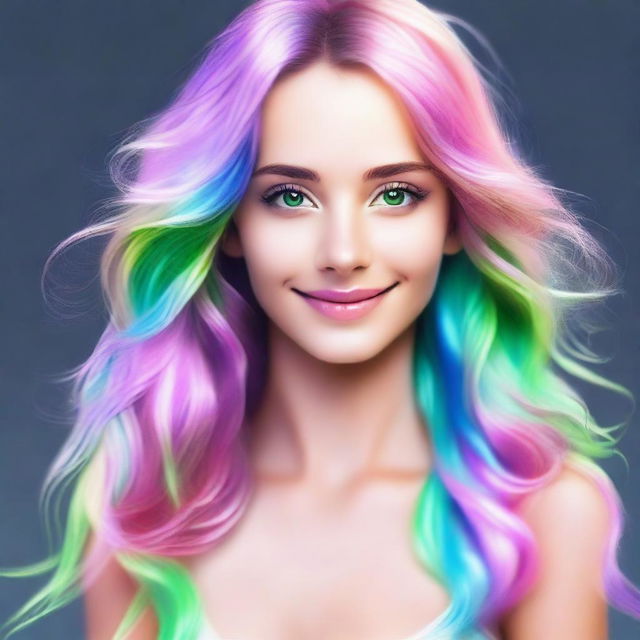 A woman with bright green eyes, long wavy hair with pastel pink, blue, and purple streaks