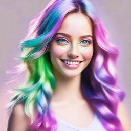 A woman with bright green eyes, long wavy hair with pastel pink, blue, and purple streaks