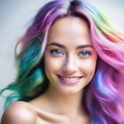 A woman with bright green eyes, long wavy hair with pastel pink, blue, and purple streaks