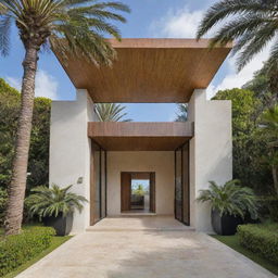 A luxurious entrance to a residence with a palm tree piercing through the first roof slab and extending to the second floor.