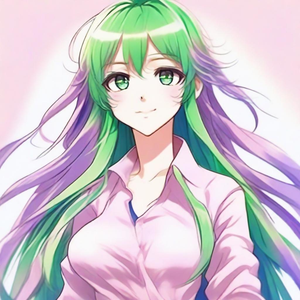 A woman with bright green eyes, long wavy hair with pastel pink, blue, and purple streaks in anime art style