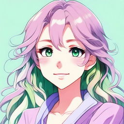 A woman with bright green eyes, long wavy hair with pastel pink, blue, and purple streaks in anime art style