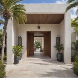 A luxurious entrance to a residence with a palm tree piercing through the first roof slab and extending to the second floor.