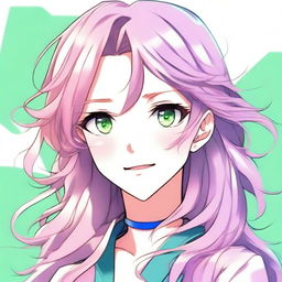 A woman with bright green eyes, long wavy hair with pastel pink, blue, and purple streaks in anime art style