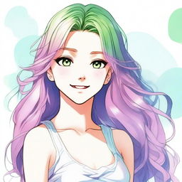 A woman with bright green eyes, long wavy hair with pastel pink, blue, and purple streaks in manga art style