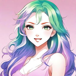 A woman with bright green eyes, long wavy hair with pastel pink, blue, and purple streaks in manga art style