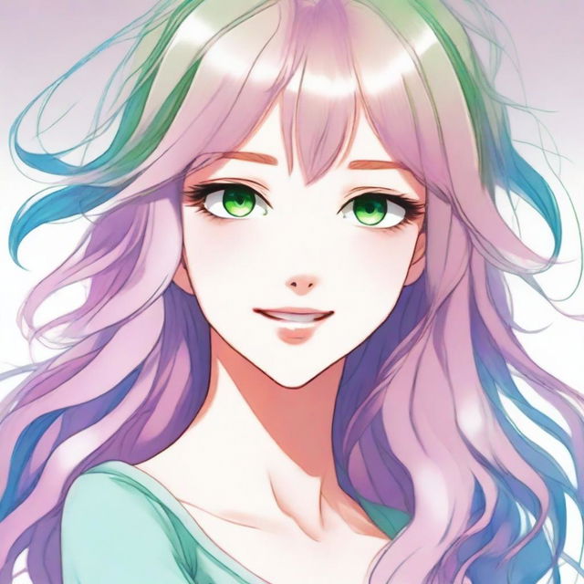 A woman with bright green eyes, long wavy hair with pastel pink, blue, and purple streaks in manga art style