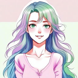 A woman with bright green eyes, long wavy hair with pastel pink, blue, and purple streaks in manga art style