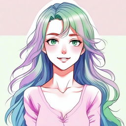 A woman with bright green eyes, long wavy hair with pastel pink, blue, and purple streaks in manga art style