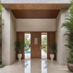 A luxurious entrance to a residence with a palm tree piercing through the first roof slab and extending to the second floor.