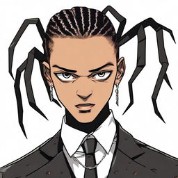 A black but pale lightskinned teenage tall boy with cornrows, and pitch-black scary eyes