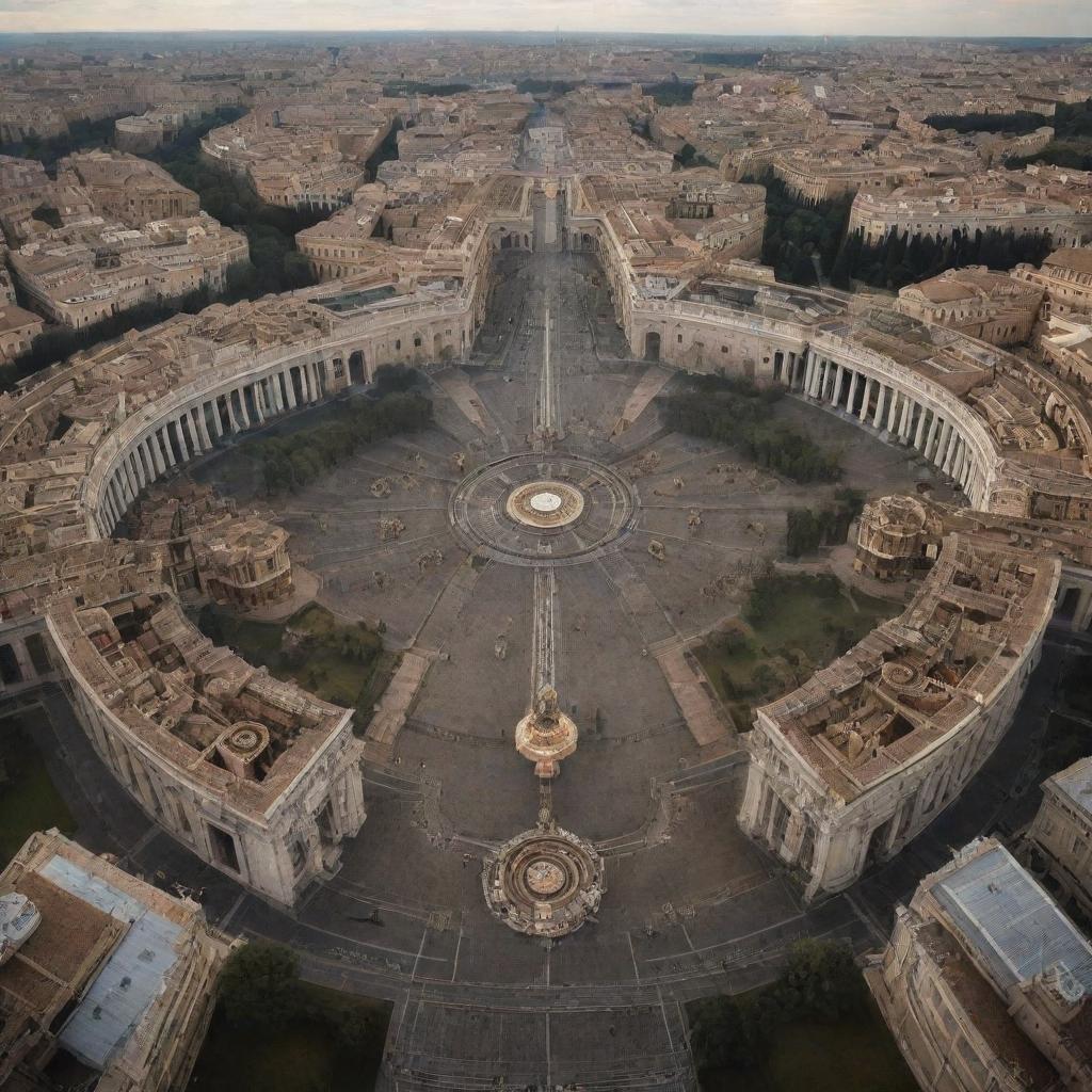 A concept of Vatican City cloaked in a steampunk theme, presenting St. Peter's Square merged with cogs and gears, the historic architecture infused with intricate bronze mechanisms, and the Vatican gardens enhanced with mechanical marvels.