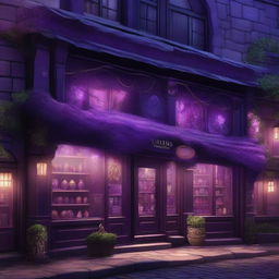 A fantasy shop with a deep purple facade, exuding a mysterious aura