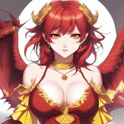 A dragon woman with red hair, large breasts, and a coquettish look