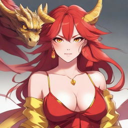 A dragon woman with red hair, large breasts, and a coquettish look