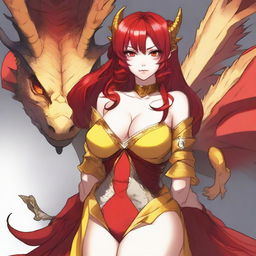 A dragon woman with red hair, large breasts, and a coquettish look