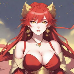 A dragon woman with red hair, large breasts, and a coquettish look