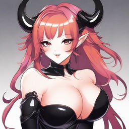 A succubus with reddish-pink hair, large breasts, wearing black latex clothing