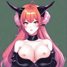 A succubus with reddish-pink hair, large breasts, wearing black latex clothing