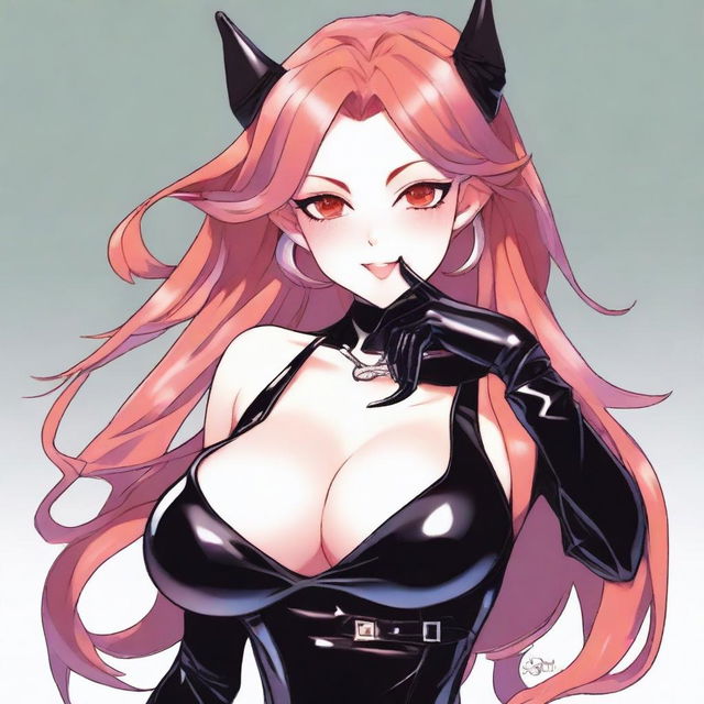 A succubus with reddish-pink hair, large breasts, wearing black latex clothing