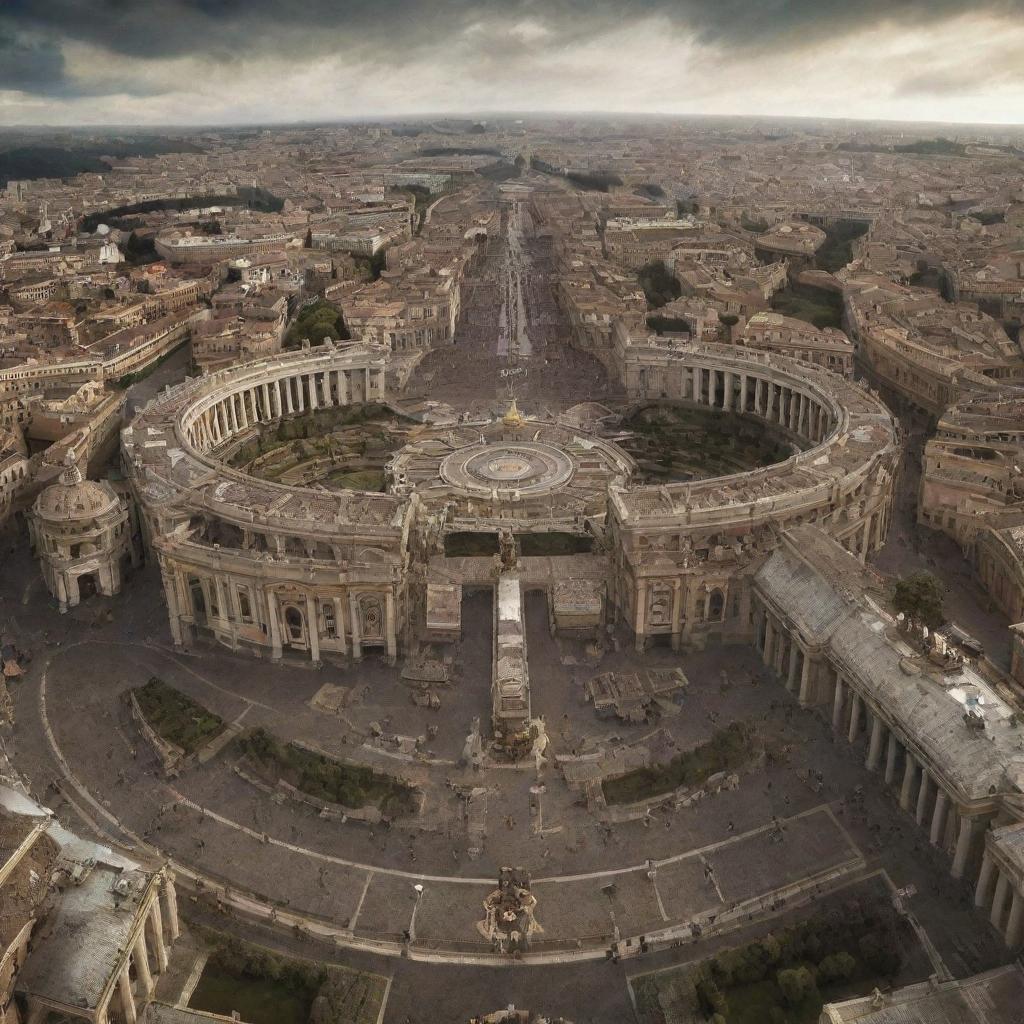 A concept of Vatican City cloaked in a steampunk theme, presenting St. Peter's Square merged with cogs and gears, the historic architecture infused with intricate bronze mechanisms, and the Vatican gardens enhanced with mechanical marvels.