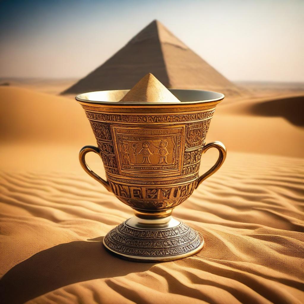 A golden cup, intricately designed with ancient symbols and encrusted with precious gems, is partially buried in the golden sand of a vast desert