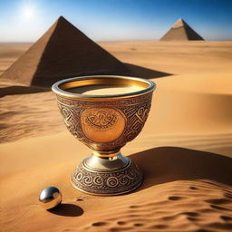 A golden cup, intricately designed with ancient symbols and encrusted with precious gems, is partially buried in the golden sand of a vast desert