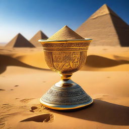 A golden cup, intricately designed with ancient symbols and encrusted with precious gems, is partially buried in the golden sand of a vast desert