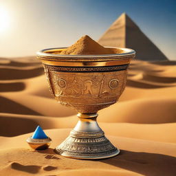 A golden cup, intricately designed with ancient symbols and encrusted with precious gems, is partially buried in the golden sand of a vast desert