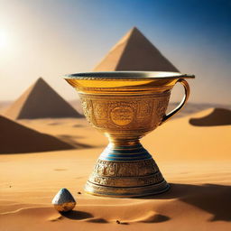 A golden cup, intricately designed with ancient symbols and encrusted with precious gems, has fallen into the golden sand of a vast desert