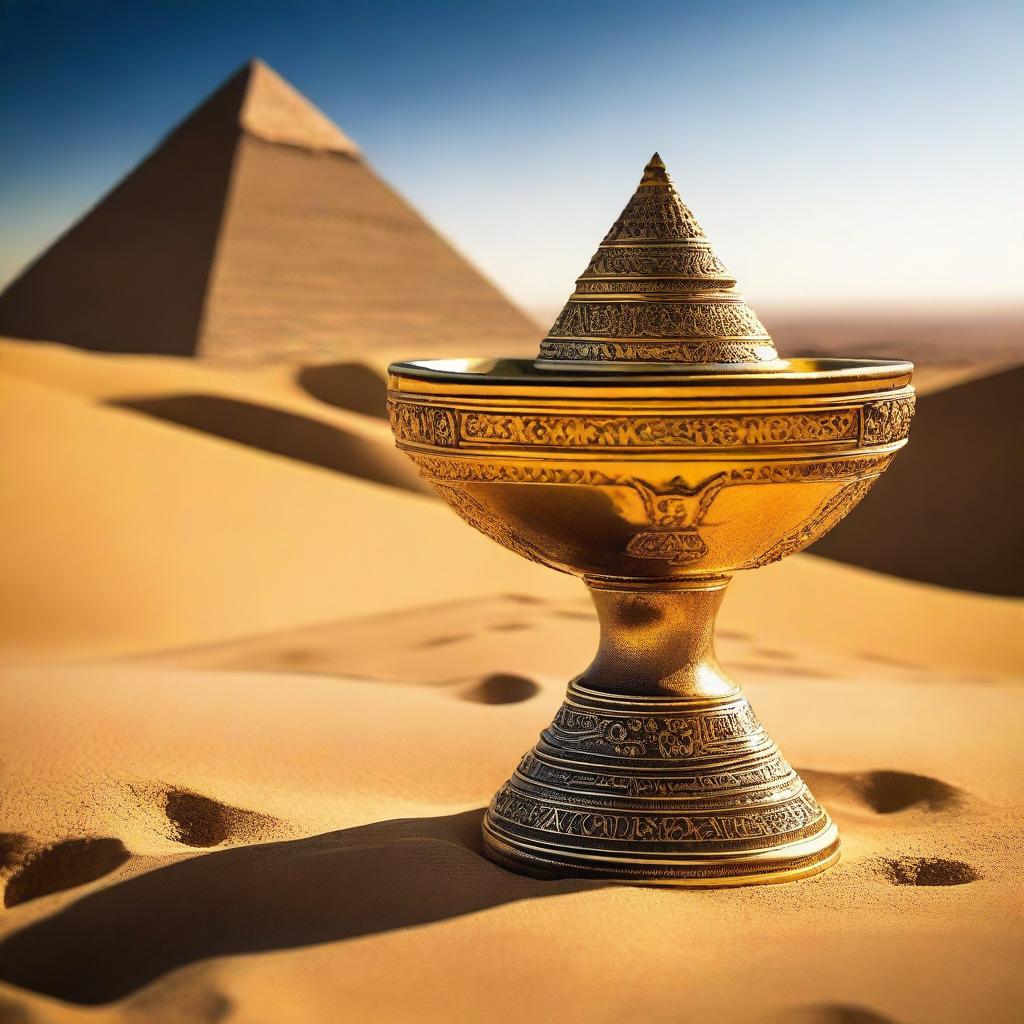 A golden cup, intricately designed with ancient symbols and encrusted with precious gems, has fallen into the golden sand of a vast desert