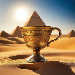 A golden cup, intricately designed with ancient symbols and encrusted with precious gems, has fallen into the golden sand of a vast desert