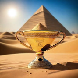 A golden cup, intricately designed with ancient symbols and encrusted with precious gems, has fallen into the golden sand of a vast desert