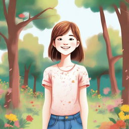 A detailed illustration of a young girl with a cheerful expression, wearing a casual outfit and standing in a natural setting with trees and flowers