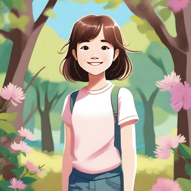 A detailed illustration of a young girl with a cheerful expression, wearing a casual outfit and standing in a natural setting with trees and flowers