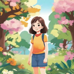 A detailed illustration of a young girl with a cheerful expression, wearing a casual outfit and standing in a natural setting with trees and flowers