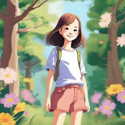 A detailed illustration of a young girl with a cheerful expression, wearing a casual outfit and standing in a natural setting with trees and flowers