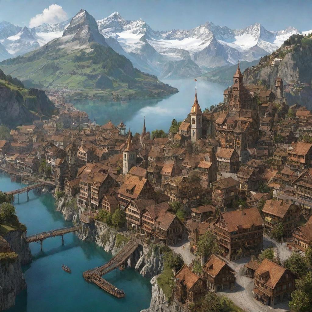 A steampunk-themed representation of Switzerland, featuring Zurich in a fusion of gothic and industrial aesthetics, the Swiss Alps dotted with aged, copper ski lifts, and Lake Geneva animated with mechanical sea life.