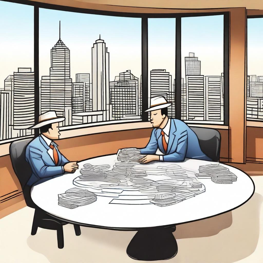 Un arqueólogo estilo cartoon está sentado en una mesa en un lujoso penthouse, siendo entrevistado