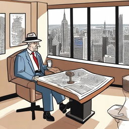 Un arqueólogo estilo cartoon está sentado en una mesa en un lujoso penthouse, siendo entrevistado