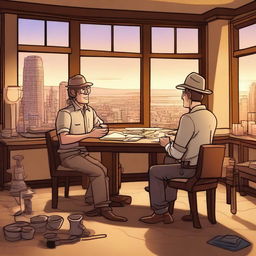 A cartoon-style archaeologist is sitting at a table in a luxurious penthouse, being interviewed