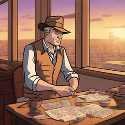 A cartoon-style archaeologist is sitting at a table in a luxurious penthouse, being interviewed