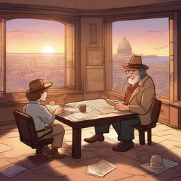 A cartoon-style archaeologist is sitting at a table in a luxurious penthouse, being interviewed