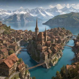 A steampunk-themed representation of Switzerland, featuring Zurich in a fusion of gothic and industrial aesthetics, the Swiss Alps dotted with aged, copper ski lifts, and Lake Geneva animated with mechanical sea life.